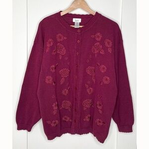 Vintage Floral Embroidered Cotton Cardigan in Burgundy by Kari